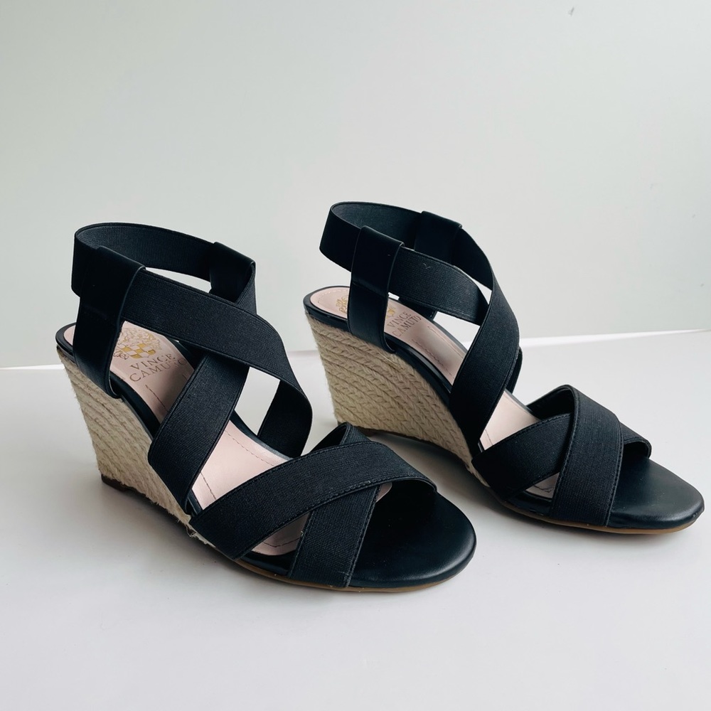 Vince Camuto Harissa sandal, 6.5, black with wedge heel